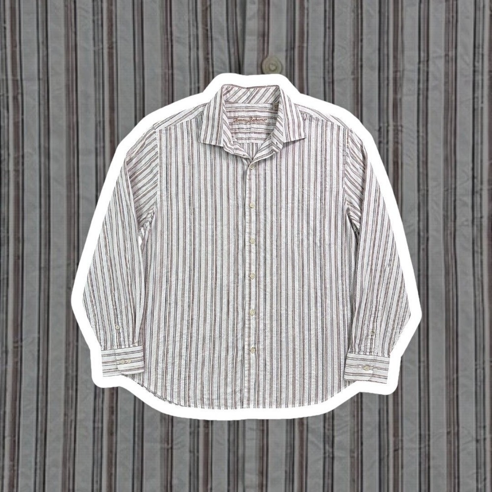 Tommy Bahama Men's XL Silk Cotton Jacquard Button‎ Up Shirt Brown Stripe